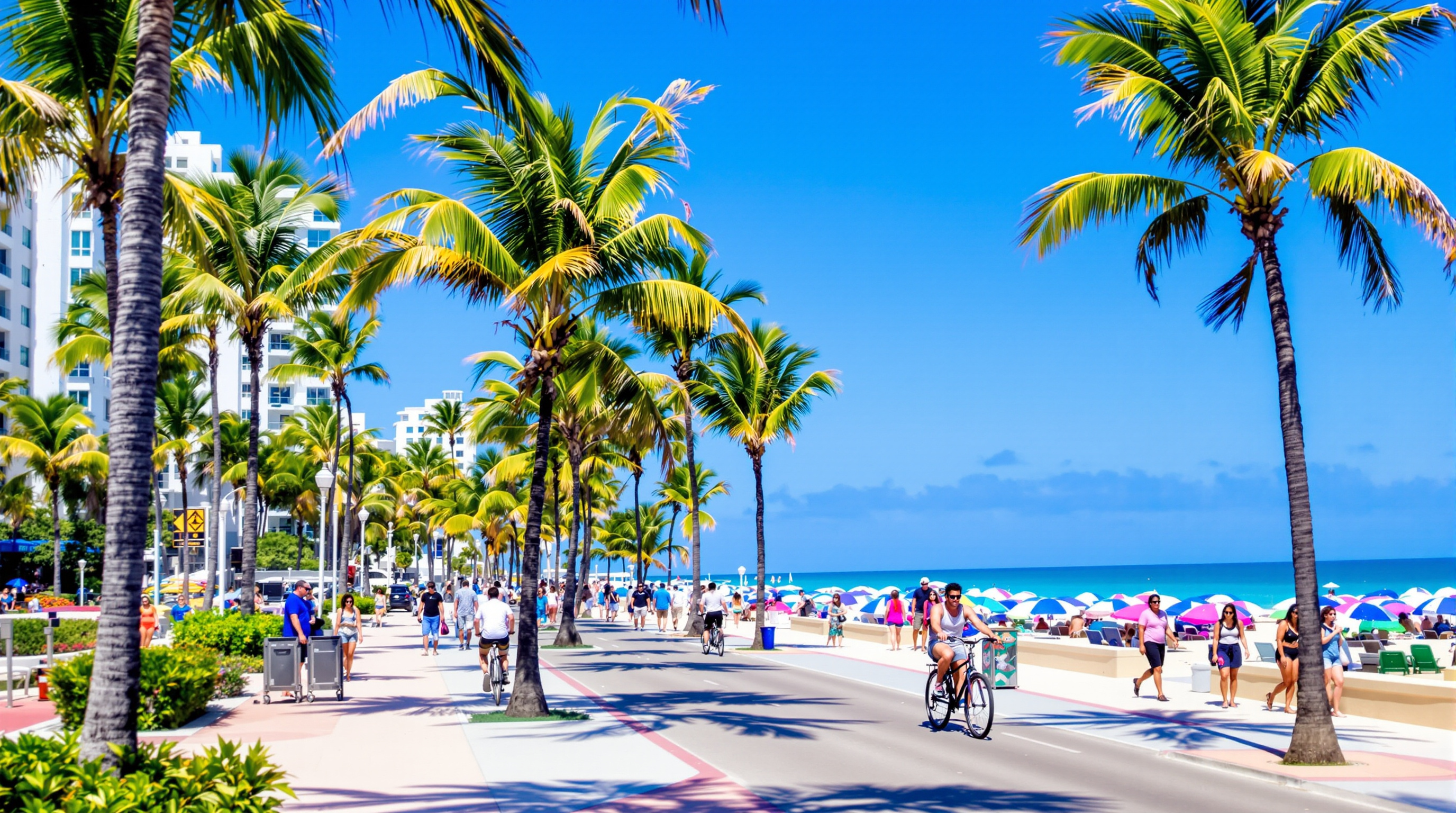 Hollywood Beach Broadwalk lined with palm trees and beach umbrellas