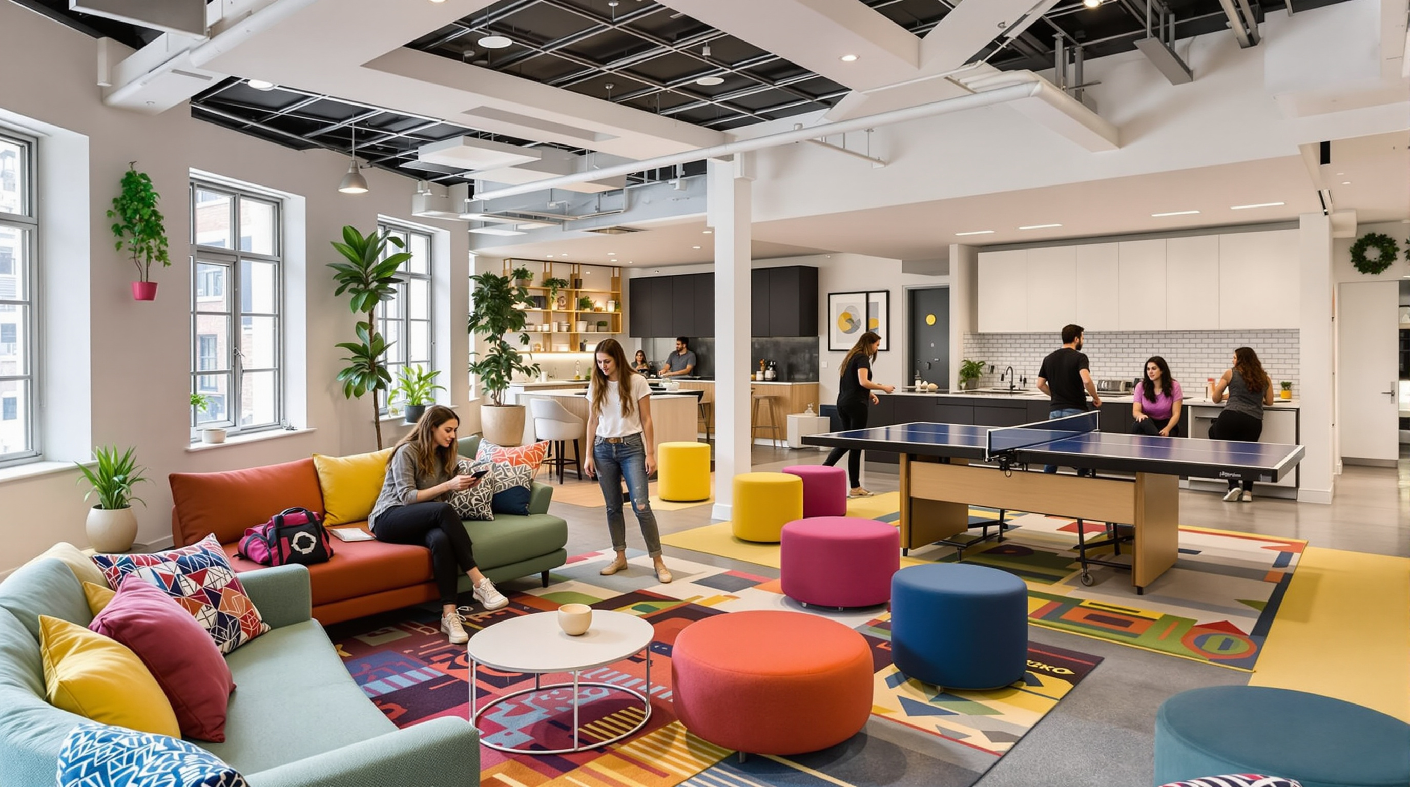Hostel common area lounge with social atmosphere