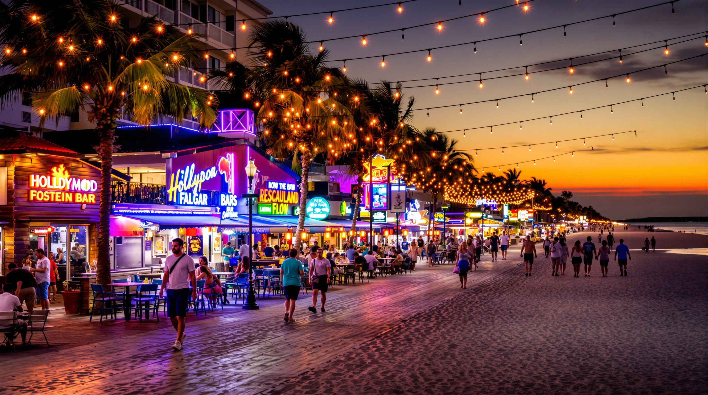 Hollywood Beach Broadwalk at night with restaurants and lights