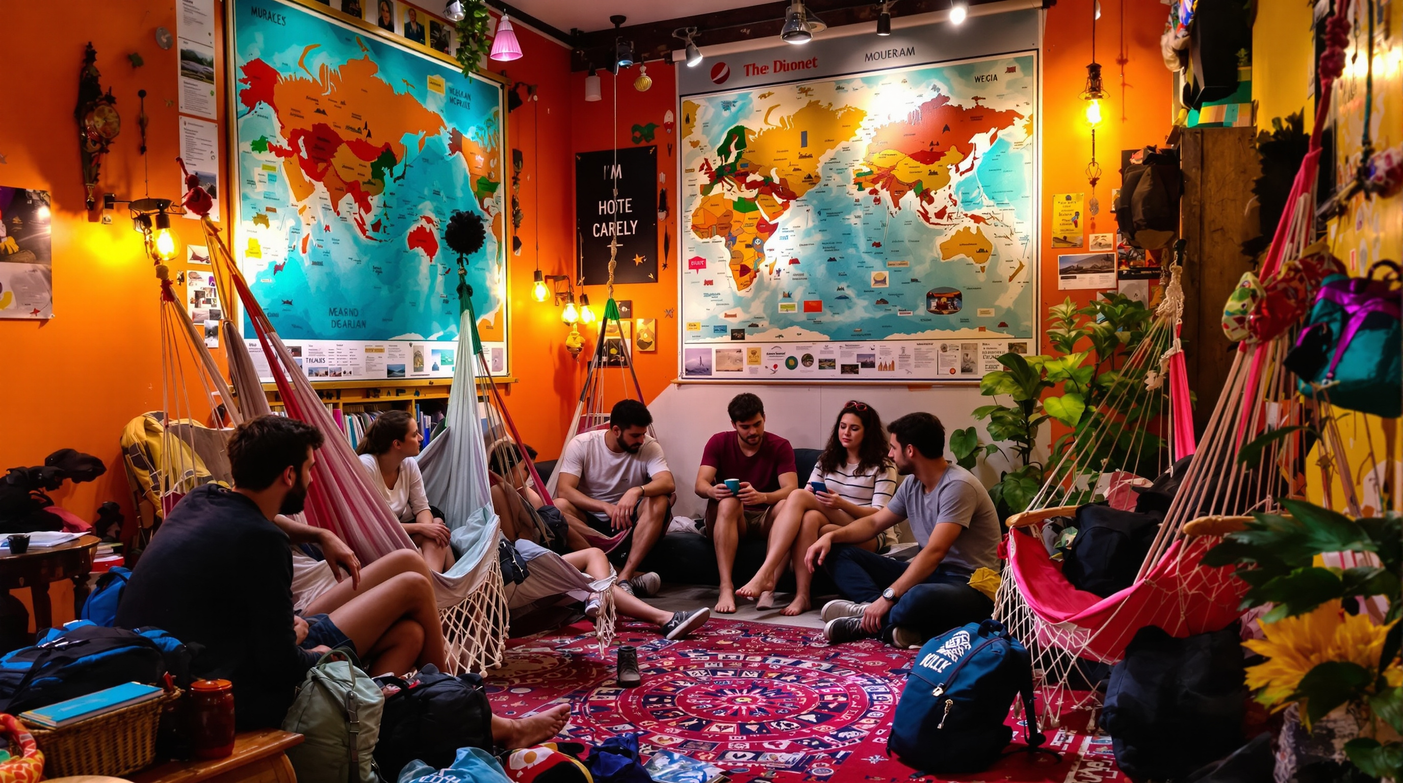 Hollywood Beach hostel lounge with travelers socializing