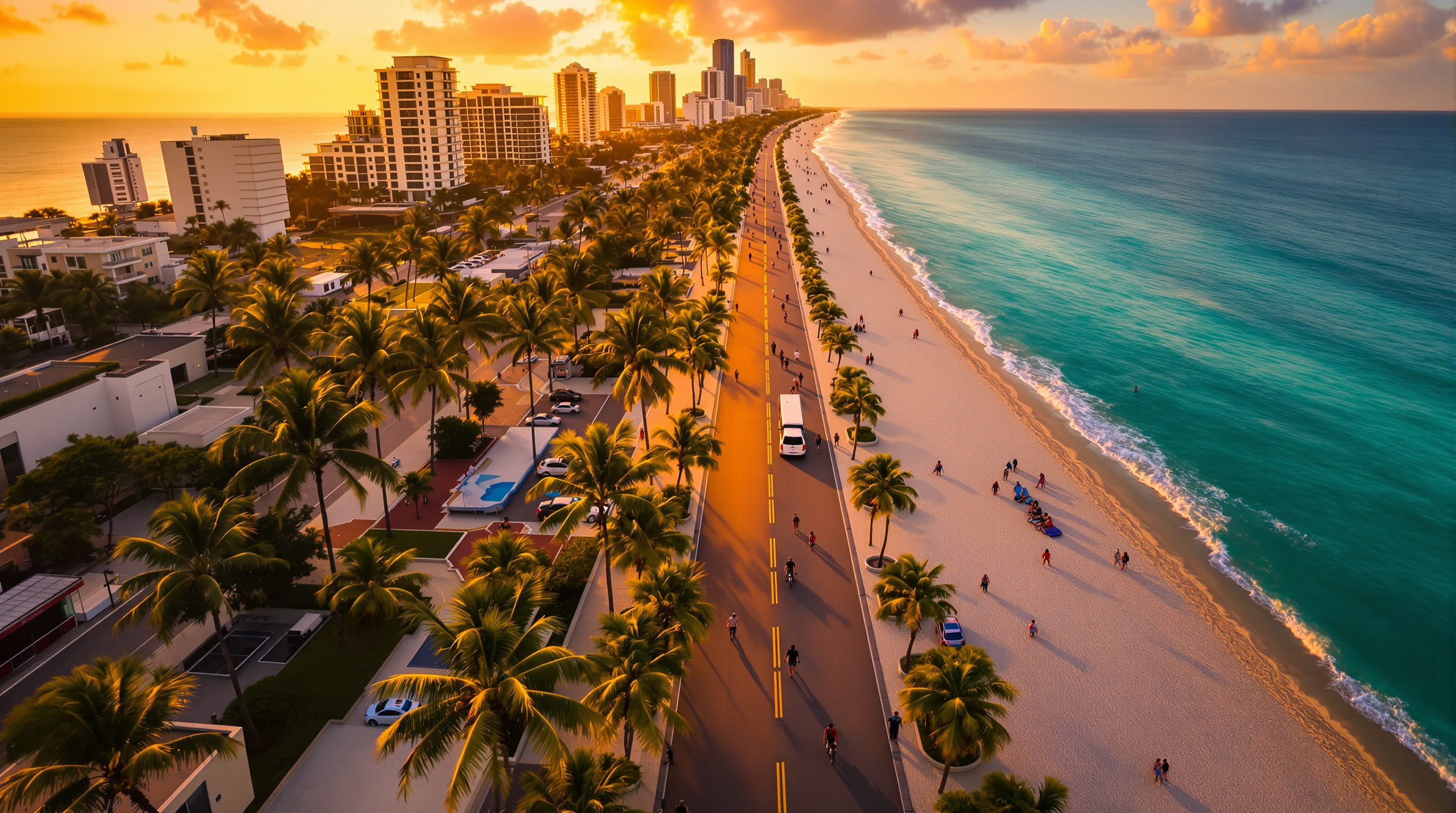 Hollywood Beach Florida Broadwalk aerial view at golden hour